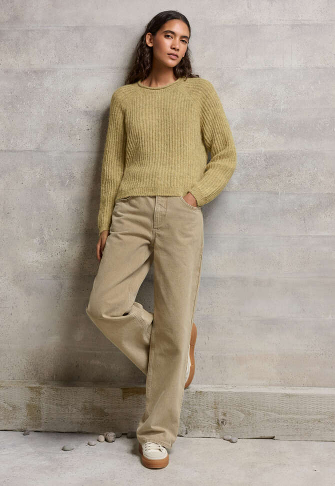Round-neck ribbed sweater, Lichen yellow, completeTheLook