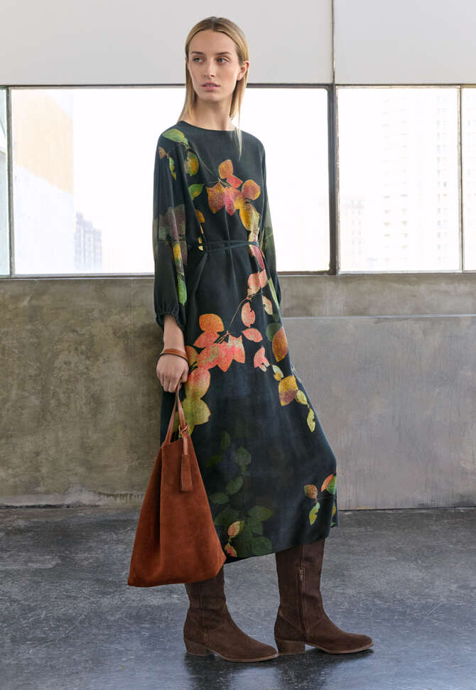 Printed dress with ties, Charcoal plum, completeTheLook