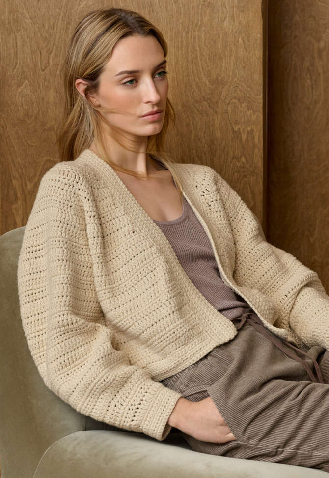Hand-knit crochet cardigan, Ecru, completeTheLook
