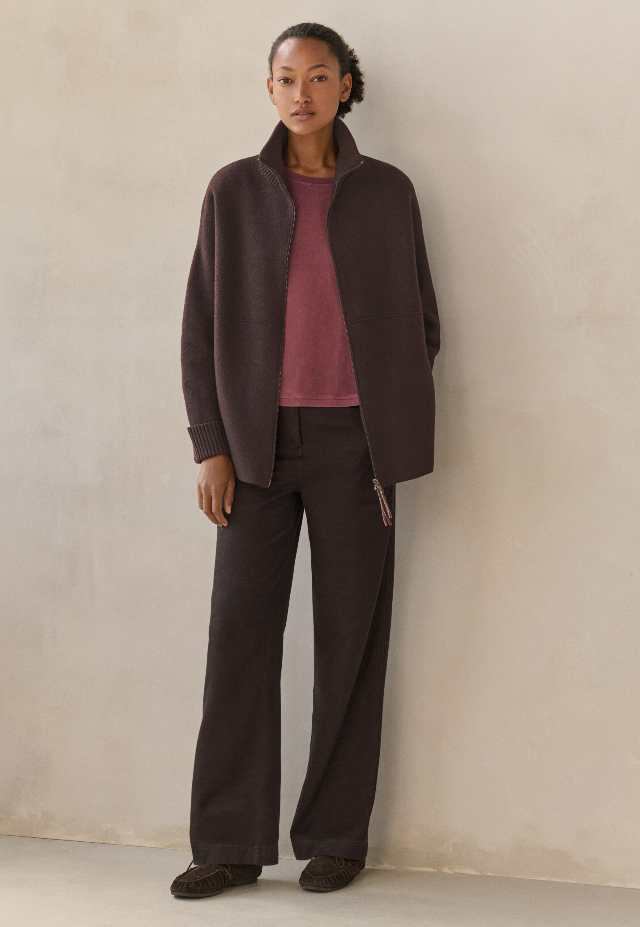 Zip-front knitted jacket, Bitter chocolate, large