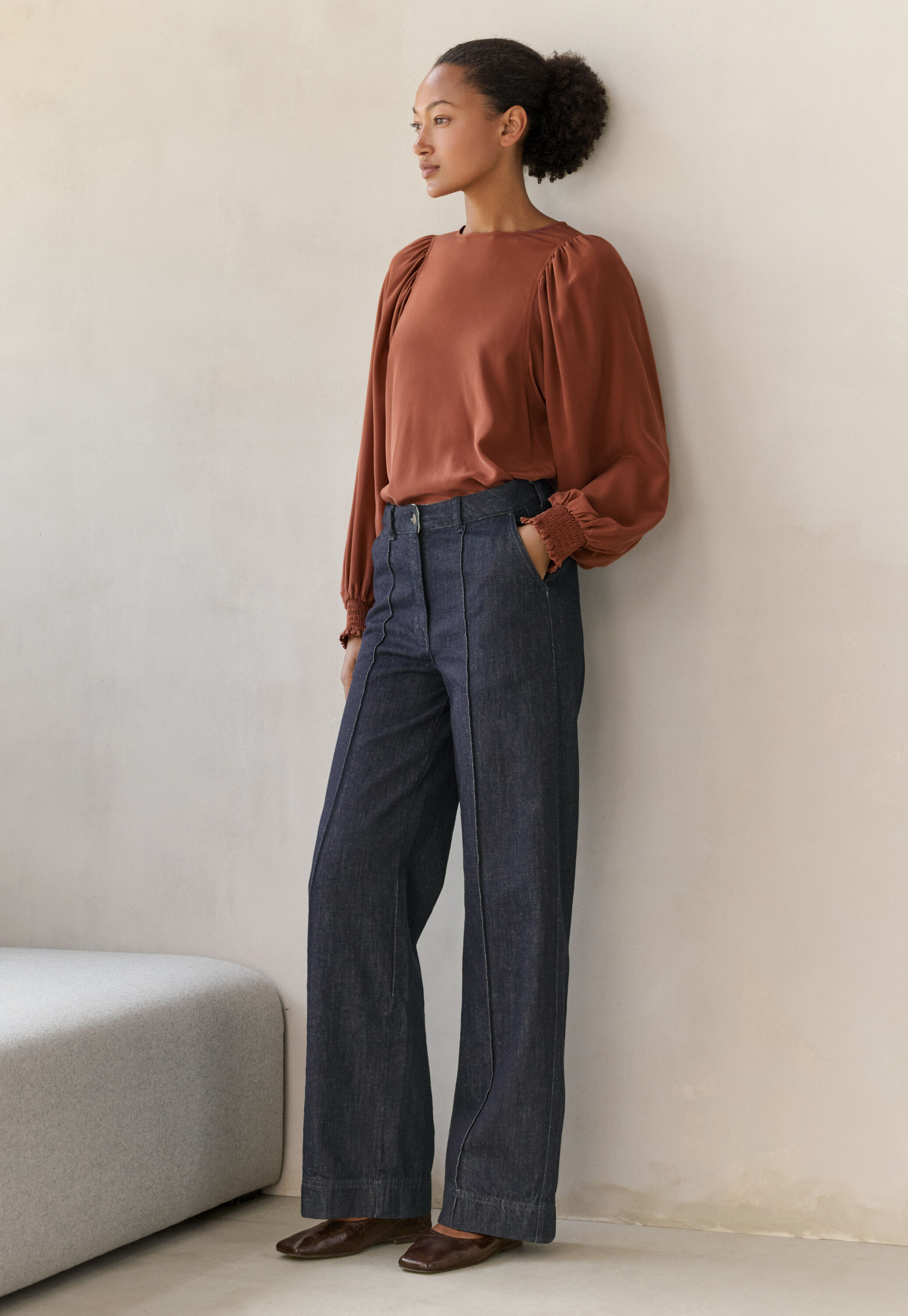 Gathered-sleeve blouse, Blush, large
