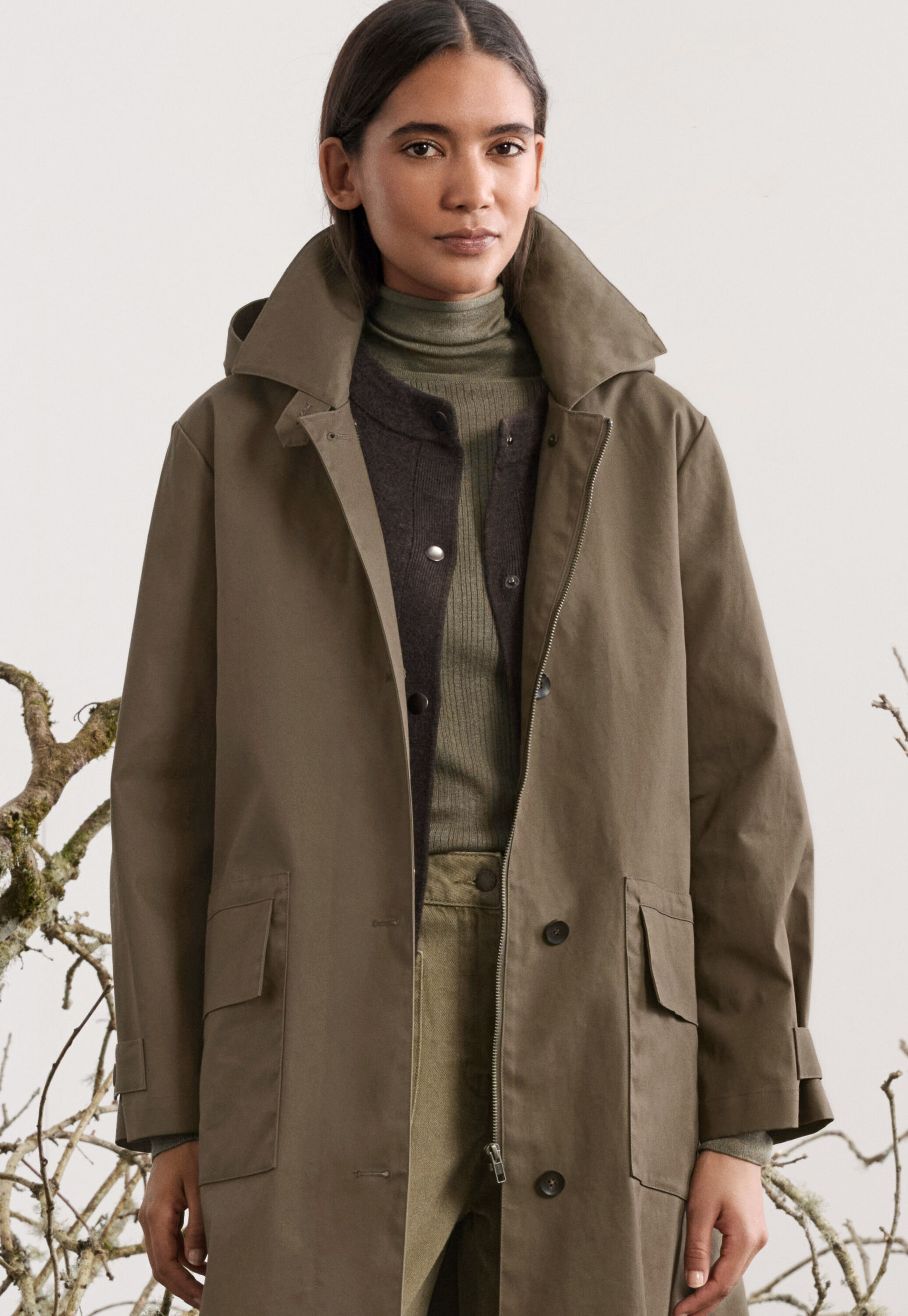 Hooded trench coat, Grey khaki, large