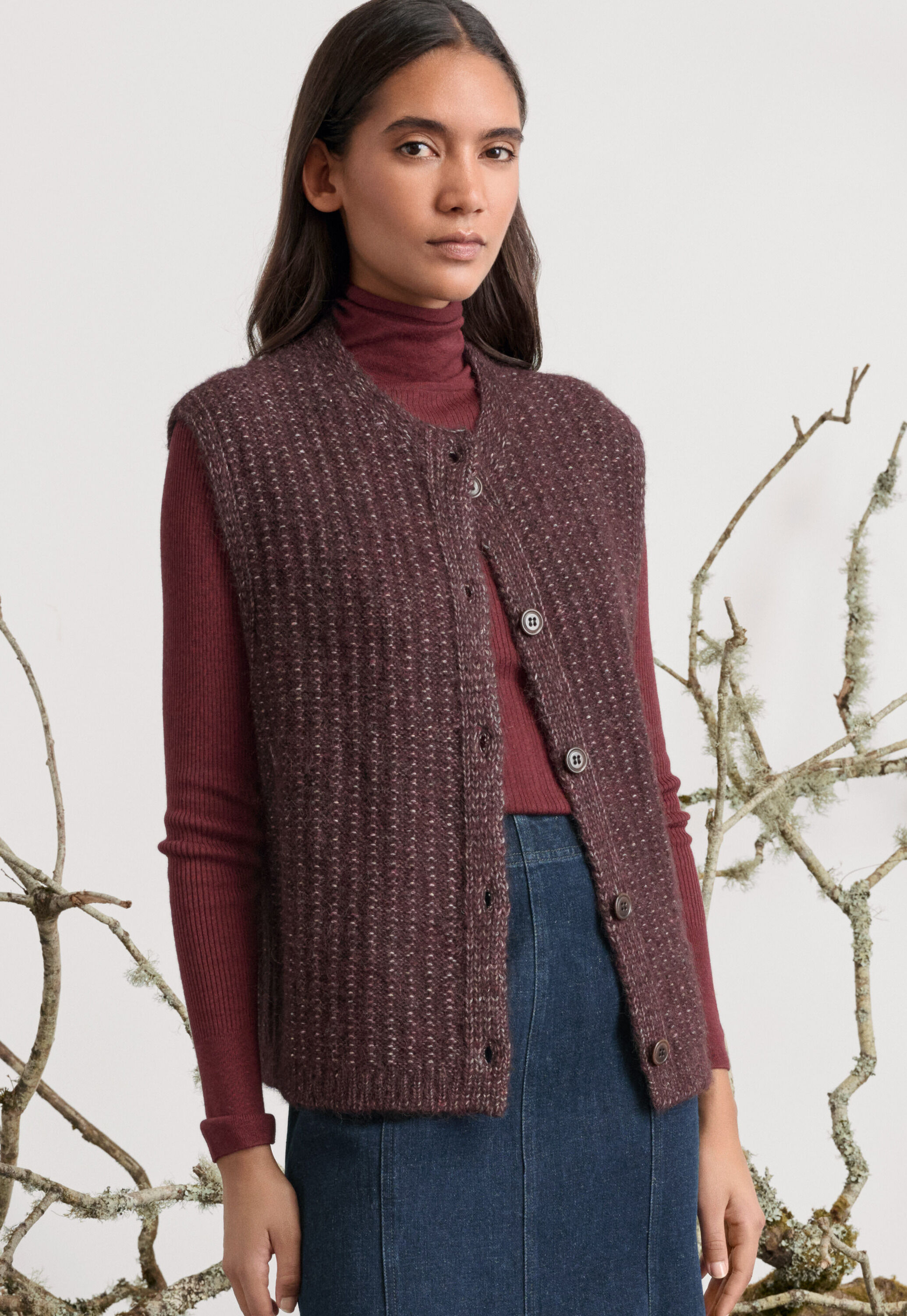 Sleeveless cardigan, Maroon brown, large