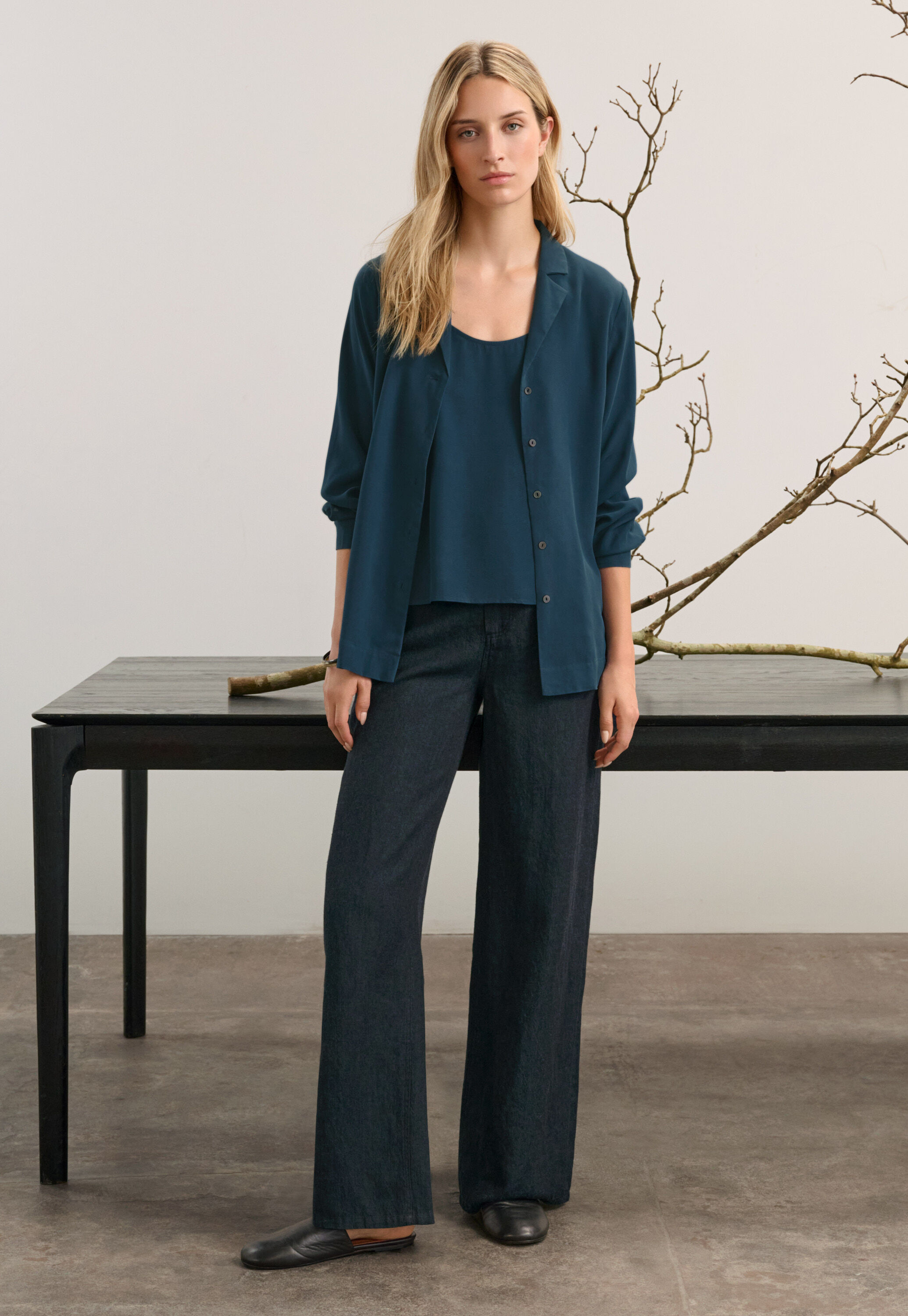 Revere-style collar shirt, Dark teal, large