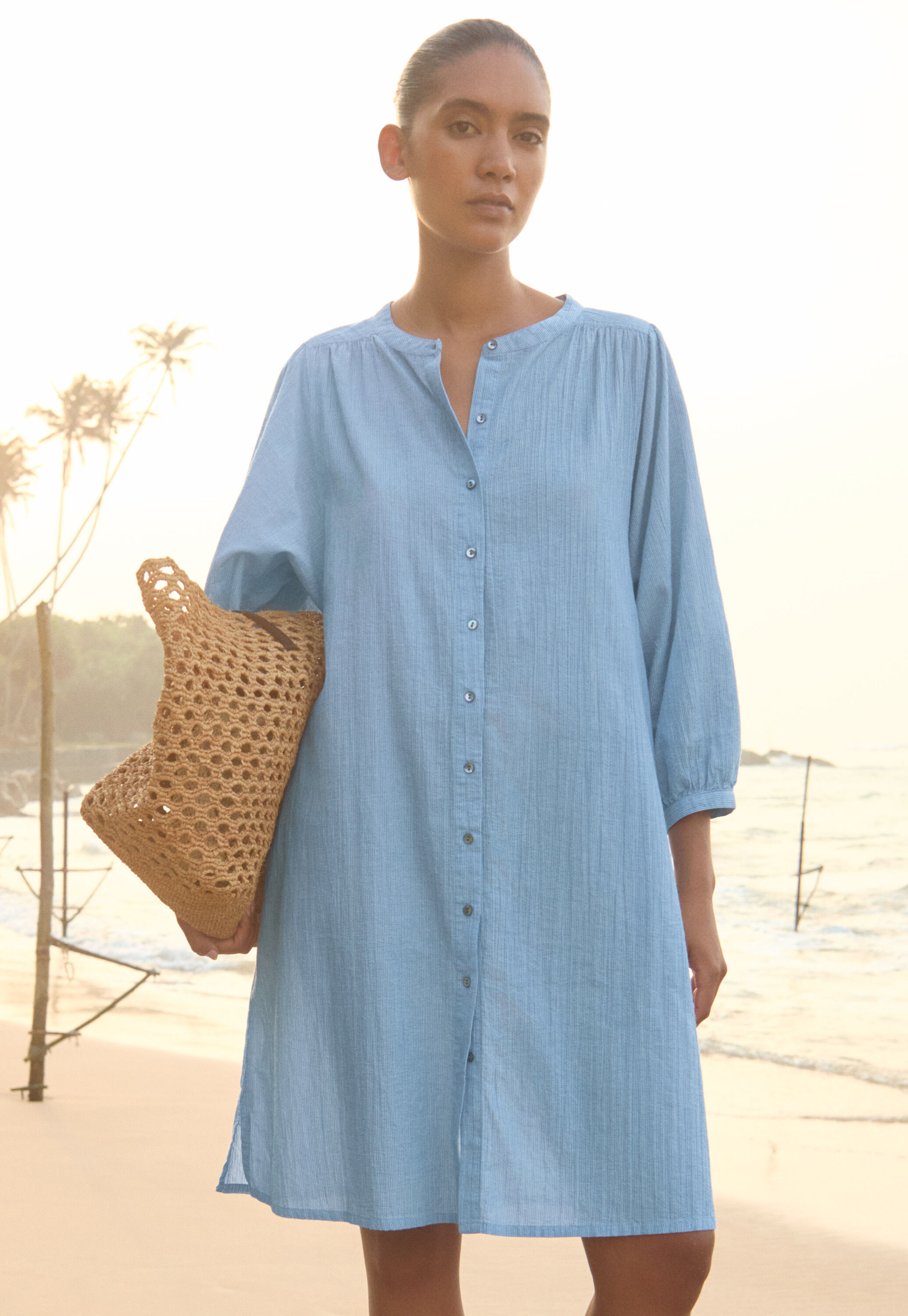 Fine-striped button-through dress